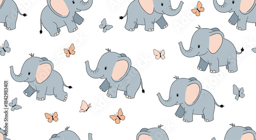 A repeating pattern with cartoon elephants and butterflies.