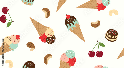 A repeating pattern with ice cream cones, cherries, and nuts.