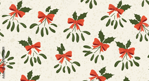 A repeating pattern with mistletoe and red bows.