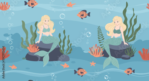 A seamless pattern featuring mermaids, fish, and underwater elements.