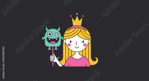 A princess holding a monster puppet on a dark background.