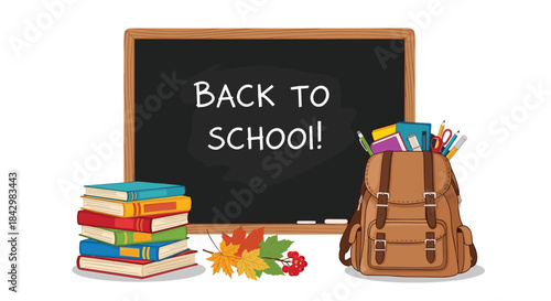 Back to school scene featuring a blackboard, backpack, and books.