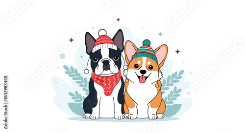 Two dogs wearing winter hats and scarves in front of winter foliage.