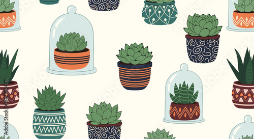 A repeating pattern of succulent plants in pots, some under glass domes.