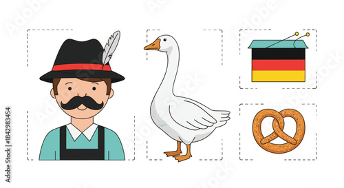 A german themed illustration including a man, goose, pretzel and drum.