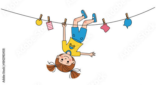 A girl hanging upside down on a clothesline.