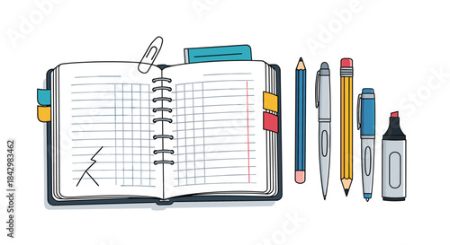 A notebook with pens, pencils, and other office and school supplies.