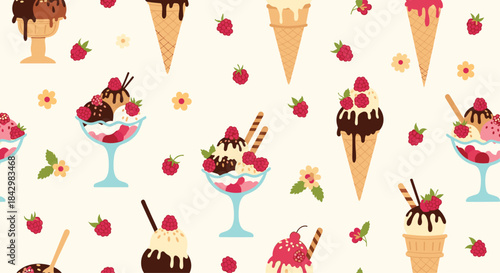 A repeating pattern of ice cream cones and sundaes with raspberries.