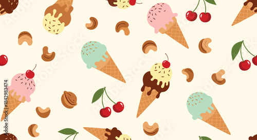 A repeating pattern with ice cream cones, cherries, and nuts.