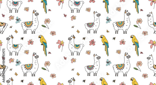 A repeating pattern of llamas, parrots, and flowers.