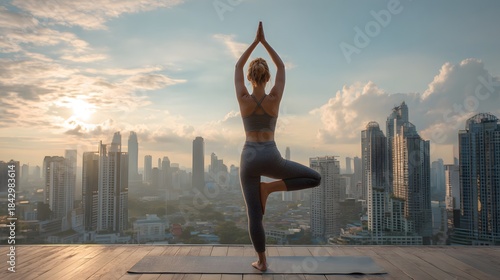 Sunrise Rooftop Yoga Session with Minimal City Skyline Atmosphere