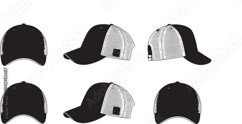 "Baseball Cap Icons – Set of Black Caps, Sport and Fashion Icon Vectors"