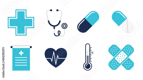A set of flat healthcare and medical icons including stethoscope, pills, and thermometer