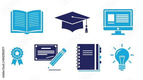 A collection of educational icons representing learning, study, graduation, and academic achievement