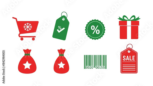 A collection of festive shopping and sale icons in red and green for holiday promotions