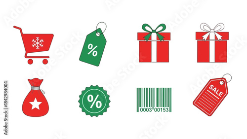 A collection of festive shopping and discount icons for holiday sales promotions