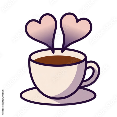 A warm cup of coffee with steam rising in the shape of two hearts