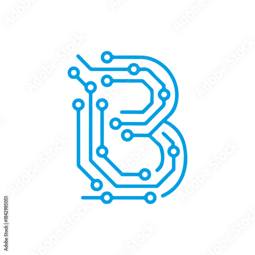 A vector icon featuring the letter 'B' designed with electronic circuit lines, symbolizing technology, Big Data, and the digitalization of business. Ready in PNG, JPG, and editable EPS formats.