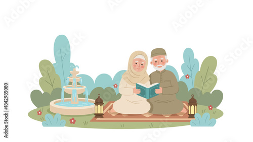 Elderly Muslim couple reading a holy book together in a peaceful garden setting with a fountain and lanterns, illustrating devotion and tranquility.