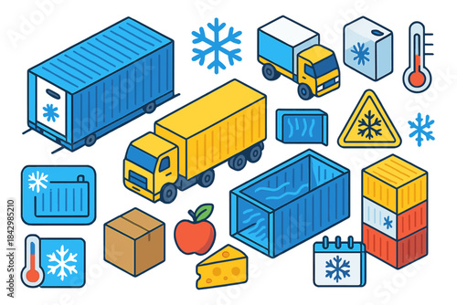 Cold supply chain flat icon set. featuring truck, container, box, apple, cheese, calendar, snowflake, thermometer, caution, chart