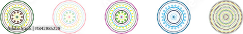 Five colorful geometric mandala designs featuring intricate patterns and vibrant circular ethnic tribal art elements