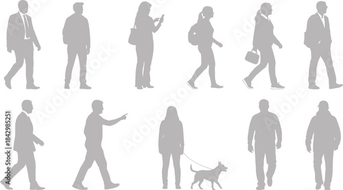 Gray silhouettes of people walking in various poses with a dog on a