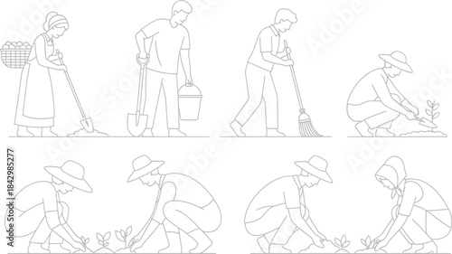Set of line drawings depicting various gardening actions and poses in a sequence
