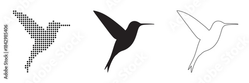 Three stylized hummingbirds in flight, representing different artistic approaches.