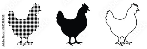 Three stylized chicken icons: pixelated, silhouette, and outline