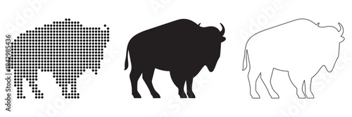 Three distinct graphic representations of a bison silhouette, showcasing digital pixelation, solid black, and outline styles