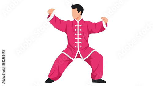 A digital illustration depicts a man practicing traditional martial arts in a pink uniform