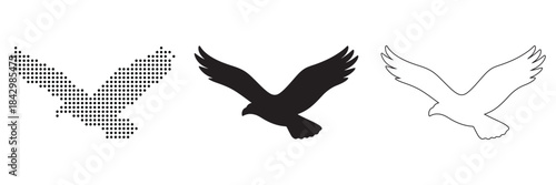 Three distinct graphic representations of a bird of prey in flight, showcasing different artistic styles