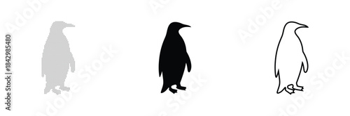 Three stylized penguin icons in silhouette, grayscale, and outline on a white background