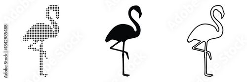 Elegant flamingo silhouettes in different artistic styles on a white background