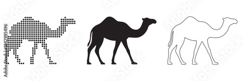 Three stylized camels in different graphic forms: pixelated, silhouette, and outline