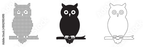 Three stylized owls in silhouette, grayscale, and outline variations perched on a branch