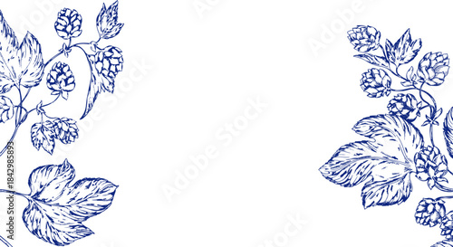 Watercolor banner border background toile de jouy featuring hop branches, cones and leaves, ideal for beer branding, brewing presentations or botanical and floral themed designs. Floral, leaves.