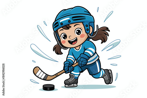 Cartoon girl in blue hockey uniform skating with stick and puck ice hockey child