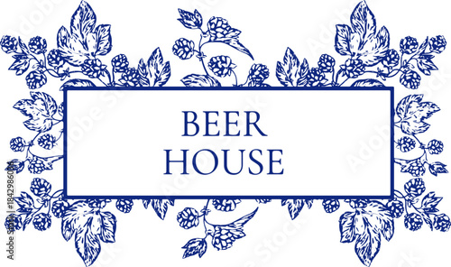 Watercolor banner border background toile de jouy featuring hop branches, cones and leaves, ideal for beer branding, brewing presentations or botanical and floral themed designs. Floral, leaves.