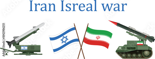 Iran Israel war tank Missile world war 3 Atomic bomb country map design vector