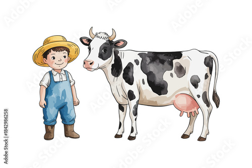 Farmer boy in overalls and straw hat standing next to a black and white cow agriculture