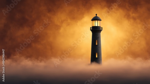 A solitary lighthouse stands majestically against a dramatic orange sky, surrounded by thick fog, symbolizing guidance and safety.