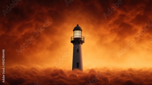 A solitary lighthouse stands tall above dense clouds, illuminated by a dramatic orange sky, evoking a sense of mystery and tranquility.