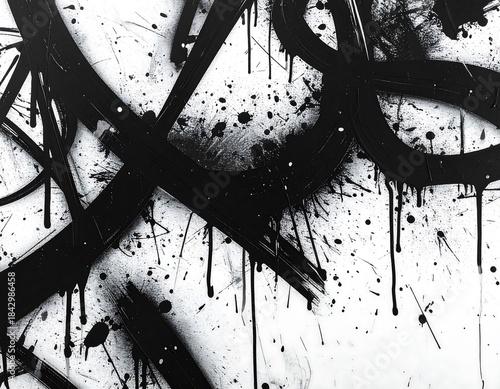 Dynamic abstract expressionism of black paint splatters and brushstrokes on white