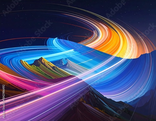 Dynamic abstract landscape with colorful light trails and mountain peaks