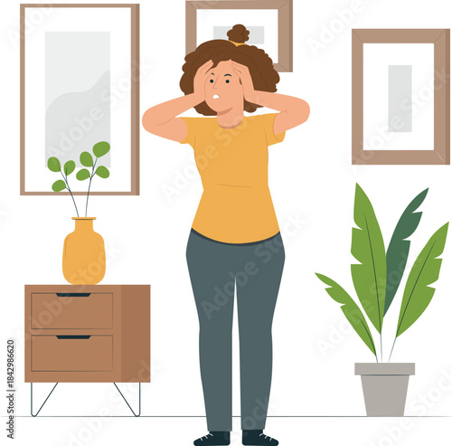 Girl inside room stressful frustration  work force boss Girl hold on to her head Young woman having headache. Concept of migraine, stress, mental disorder, sorrow and depression