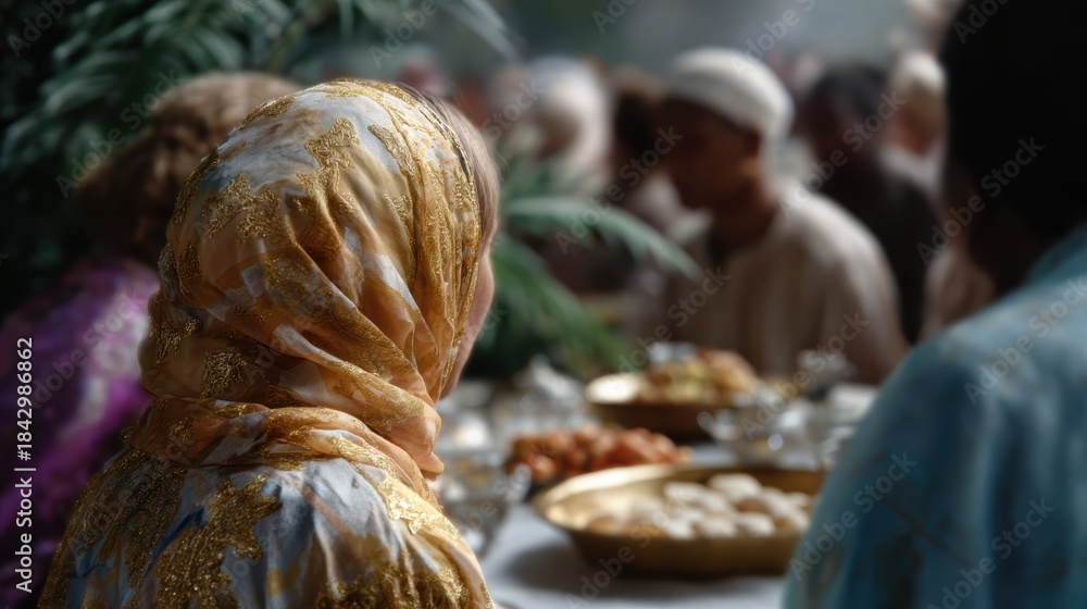 Fototapeta premium community meal gathering, a lively documentary-style captures a community coming together for a special meal after evening prayers for lailat al miraj the warm atmosphere is full of conversation