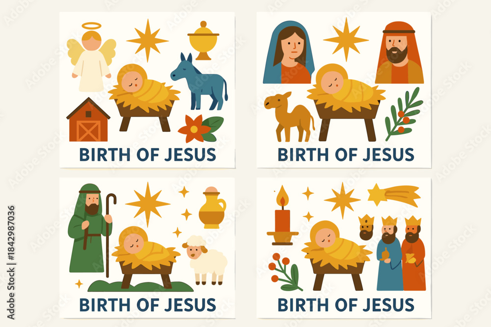 Fototapeta premium Nativity scene flat icon set. featuring jesus, mary, joseph, shepherd, wise men, angel, donkey, star, lamb, manger
