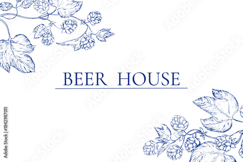 Watercolor banner border background toile de jouy featuring hop branches, cones and leaves, ideal for beer branding, brewing presentations or botanical and floral themed designs. Floral, leaves.