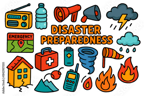 Disaster preparedness flat icon set. featuring flashlight, first aid kit, radio, fire, and tornado symbols